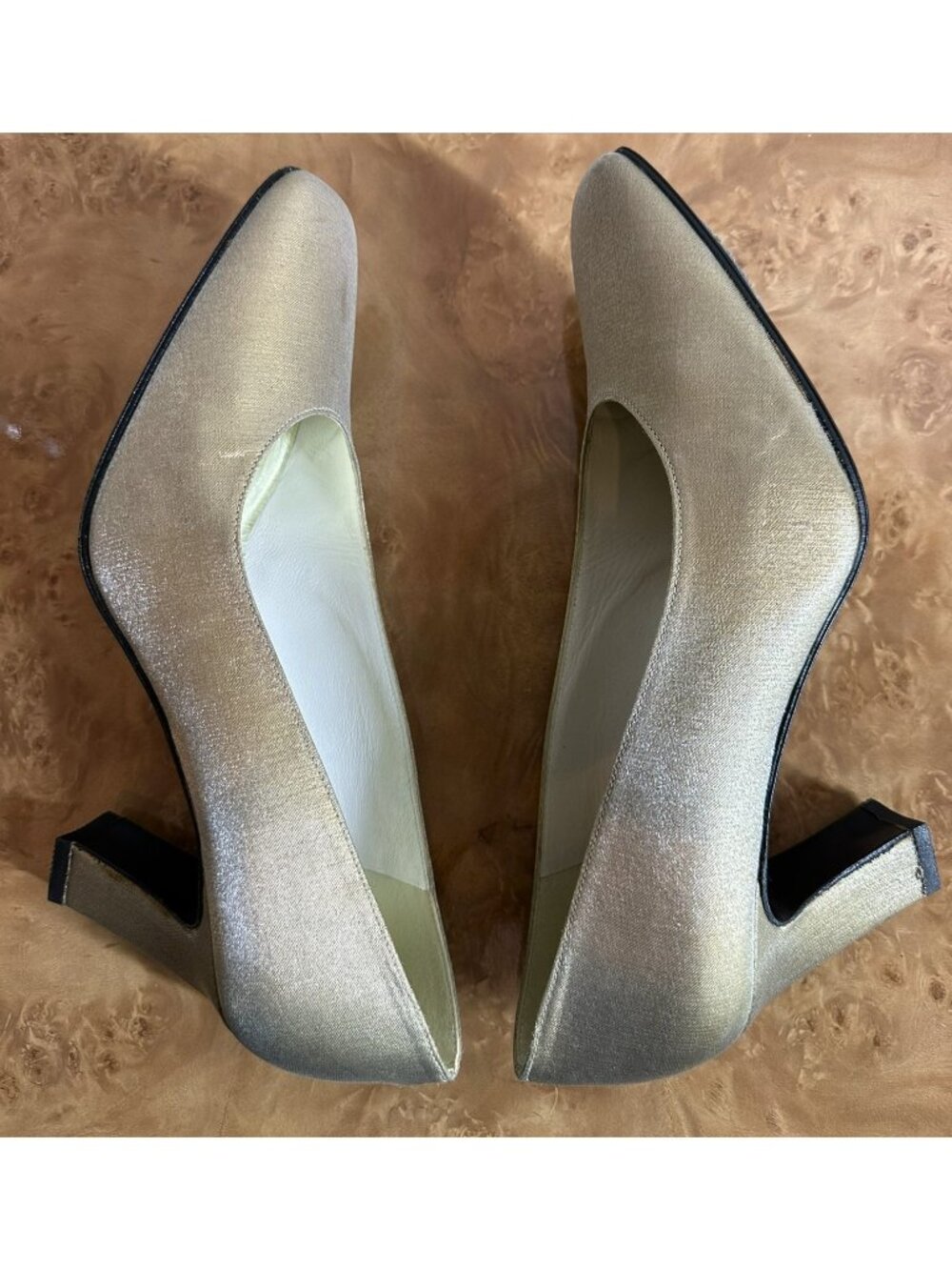 Stuart Weitzman Metallic Champagne Silk Satin Pumps Block Heel Size 8B - Picture 4 of 7